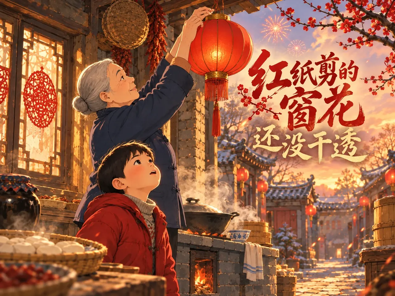 红纸剪的窗花还没干透